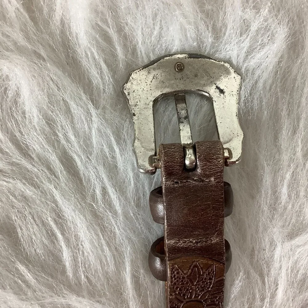 Martin Dingman Brown Tooled Leather Belt & Silver Etched Buckle 32